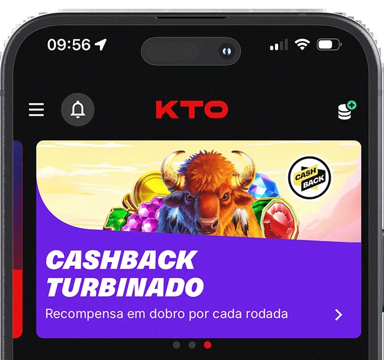 Tela do app da KTO com a faixa Cashback Turbinado e o lema recompensa em dobro por cada rodada